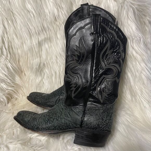 VTG Tony Lama‎ 6252 Black/Grey Shrunken Bull Shoulder Cowboy Boots Men 8D - Picture 3 of 9